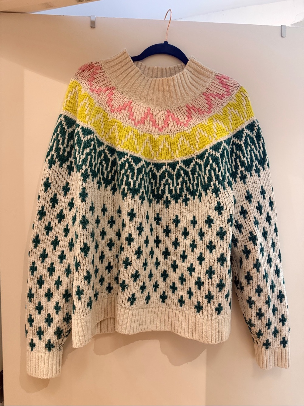 Old Navy Cream Fair Isle Turtleneck Sweater with Green, Yellow & Pink Accents